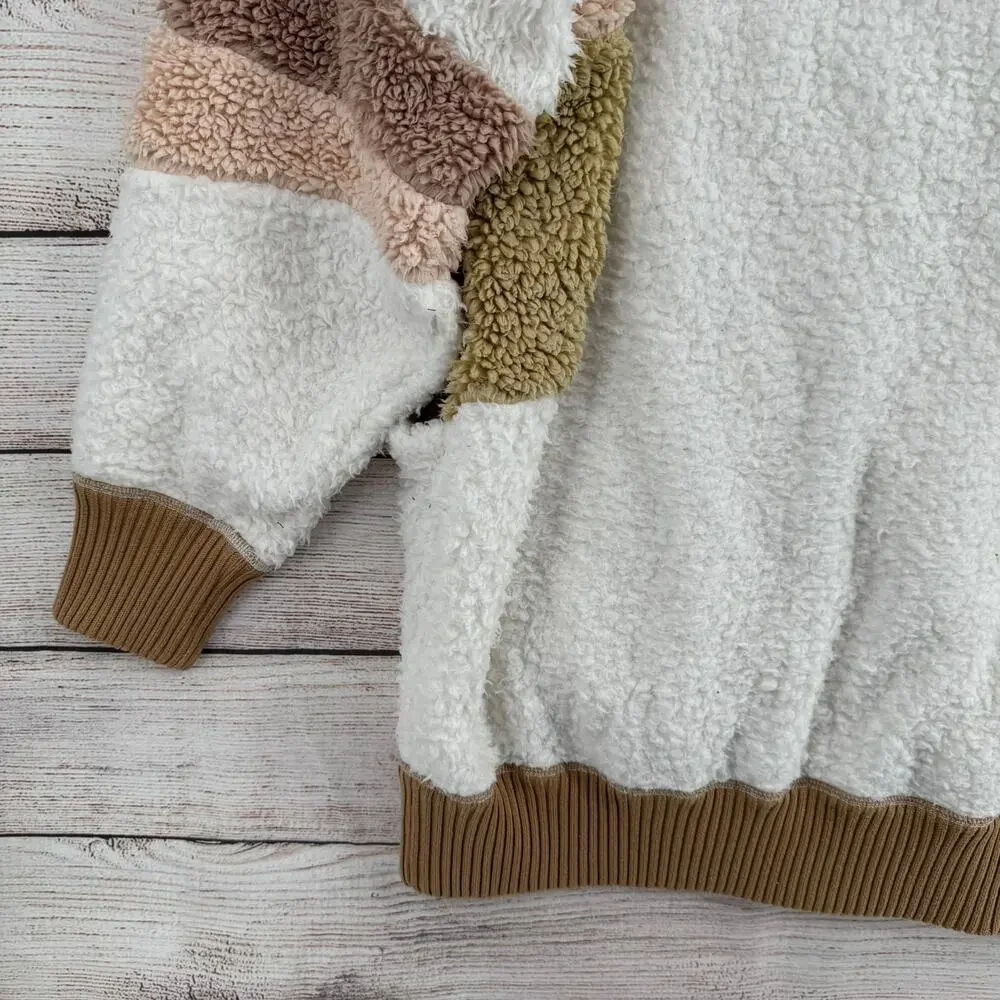 Free People Selma Cardi Colorblock Sherpa Cardigan Sweater Womens L‎ White Brown